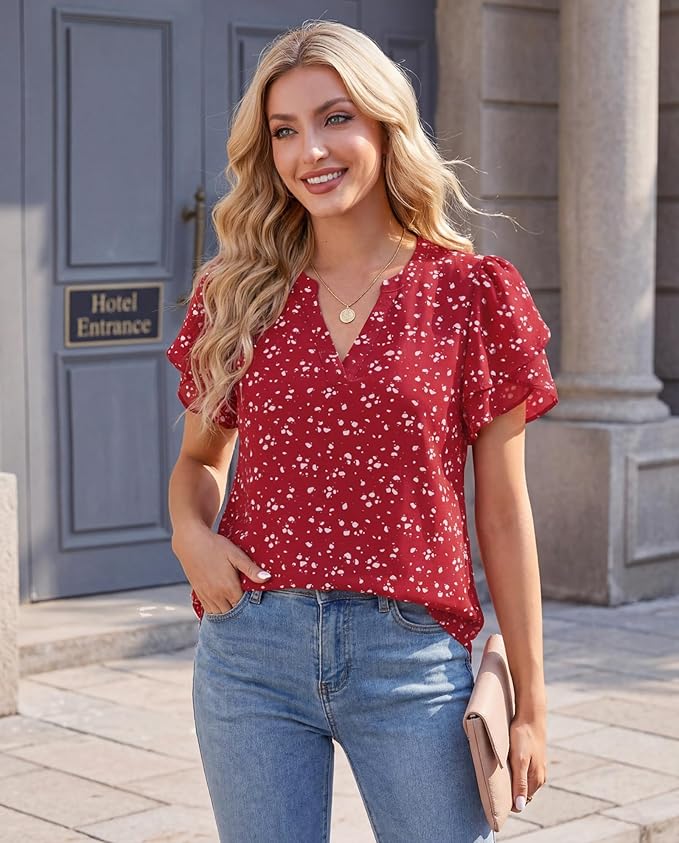 Lotusmile Womens Dressy Chiffon Blouses Summer Puff Petal Short Sleeve Shirts V Neck Casual Work Tops photo 3