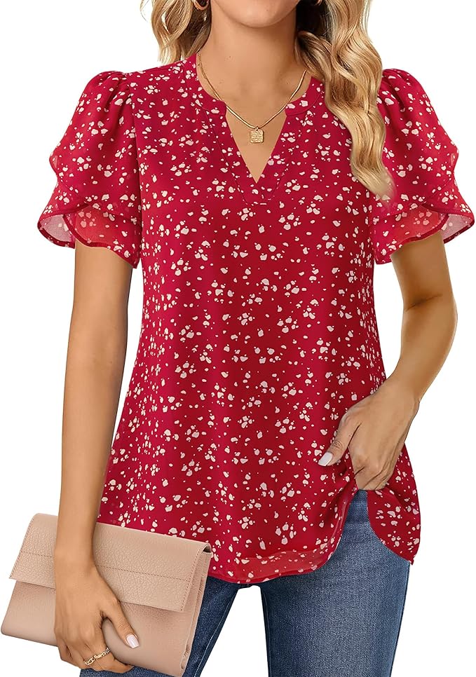 Lotusmile Womens Dressy Chiffon Blouses Summer Puff Petal Short Sleeve Shirts V Neck Casual Work Tops photo 2