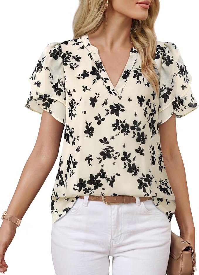 Lotusmile Womens Dressy Chiffon Blouses Summer Puff Petal Short Sleeve Shirts V Neck Casual Work Tops photo 2