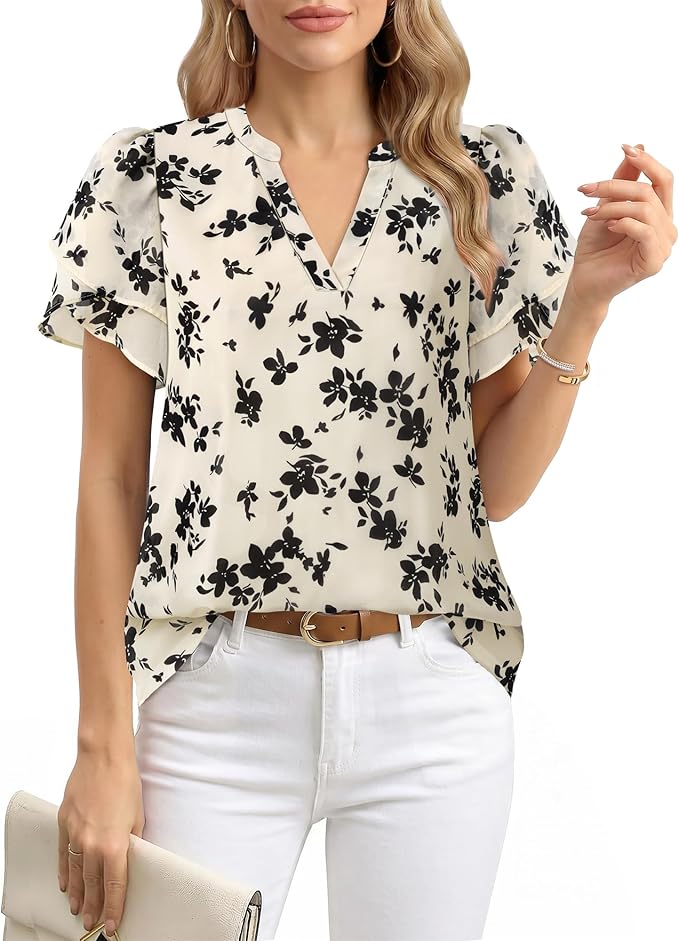 Lotusmile Womens Dressy Chiffon Blouses Summer Puff Petal Short Sleeve Shirts V Neck Casual Work Tops