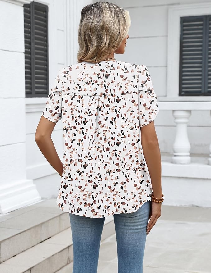 Zeagoo Womens Dressy Casual Shirts Short Sleeve V Neck Work Blouse Business Casual Summer Chiffon Tops photo 3