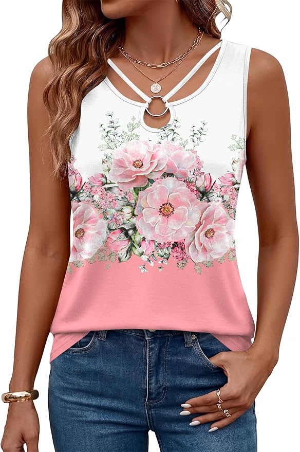 LOMON Womens Summer Tank Tops Sleeveless Shirts V Neck Casual Tee Cut Out Ring Keyhole Tanks Camisole Blouse