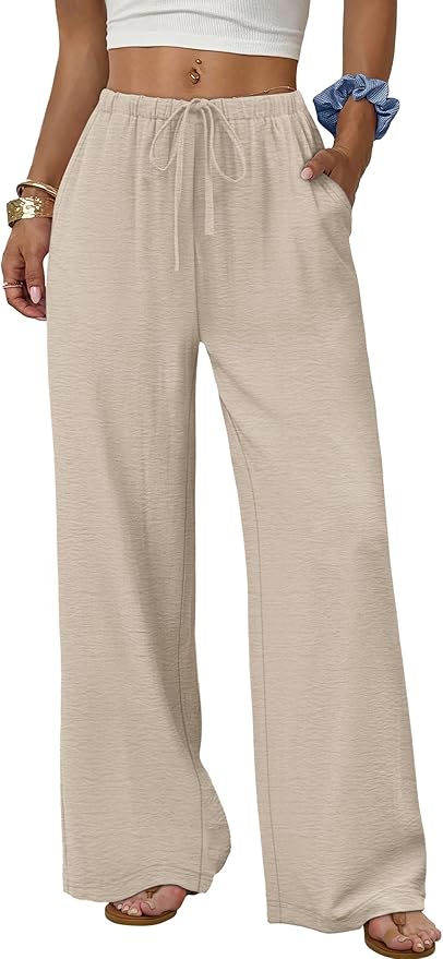Sampeel Wide Leg Pants for Women Flowy Palazzo Drawstring Elastic Waist Trousers with Pockets Summer Beach Vacation Clothes photo 3