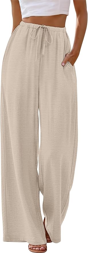 Sampeel Wide Leg Pants for Women Flowy Palazzo Drawstring Elastic Waist Trousers with Pockets Summer Beach Vacation Clothes photo 2
