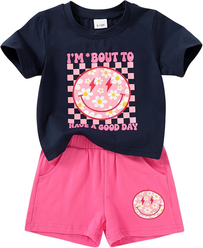 Toddler Baby Girls Summer Outfits Smiley Face Short Sleeve T-Shirt + Shorts Set Cute 2Pcs Clothes 6M-5T