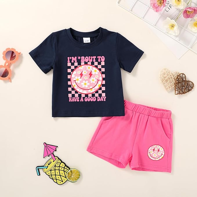 Toddler Baby Girls Summer Outfits Smiley Face Short Sleeve T-Shirt + Shorts Set Cute 2Pcs Clothes 6M-5T photo 2