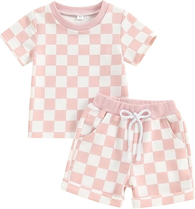 FOCUSNORM Toddler Baby Girl Outfit Newborn Girl Summer Clothes Short Sleeve T Shirt Checkerboard Top Set Elastic Waist Shorts