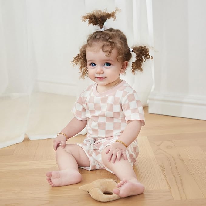 FOCUSNORM Toddler Baby Girl Outfit Newborn Girl Summer Clothes Short Sleeve T Shirt Checkerboard Top Set Elastic Waist Shorts photo 2