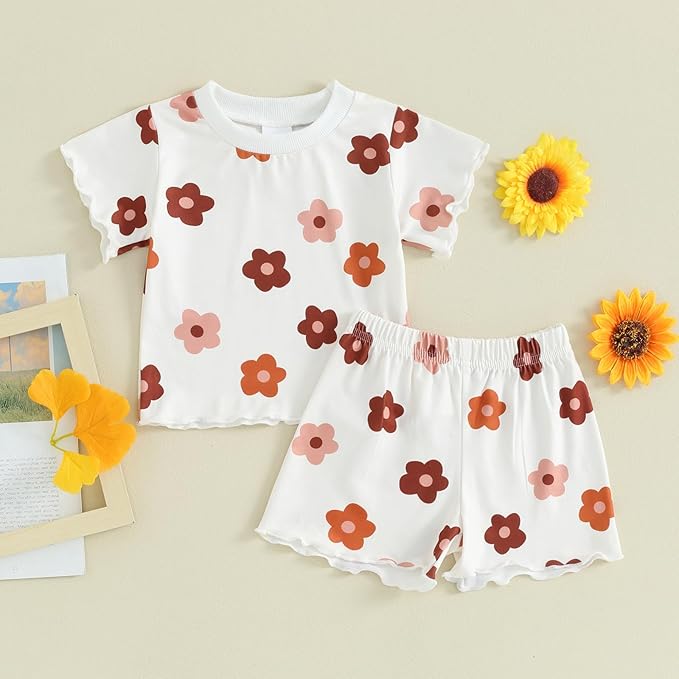 fhutpw Toddler Baby Girls Summer Outfits Daisy Ruffle Short Sleeve T-Shirts Tops Floral Shorts 2Pcs Clothes Set 6M-4T photo 2
