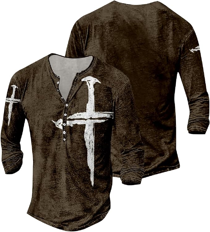 BIVENANT Men's Jesus Cross T-Shirts Big and Tall Faith T Shirts Summer Long Sleeve Button Henley Shirts for Men photo 3