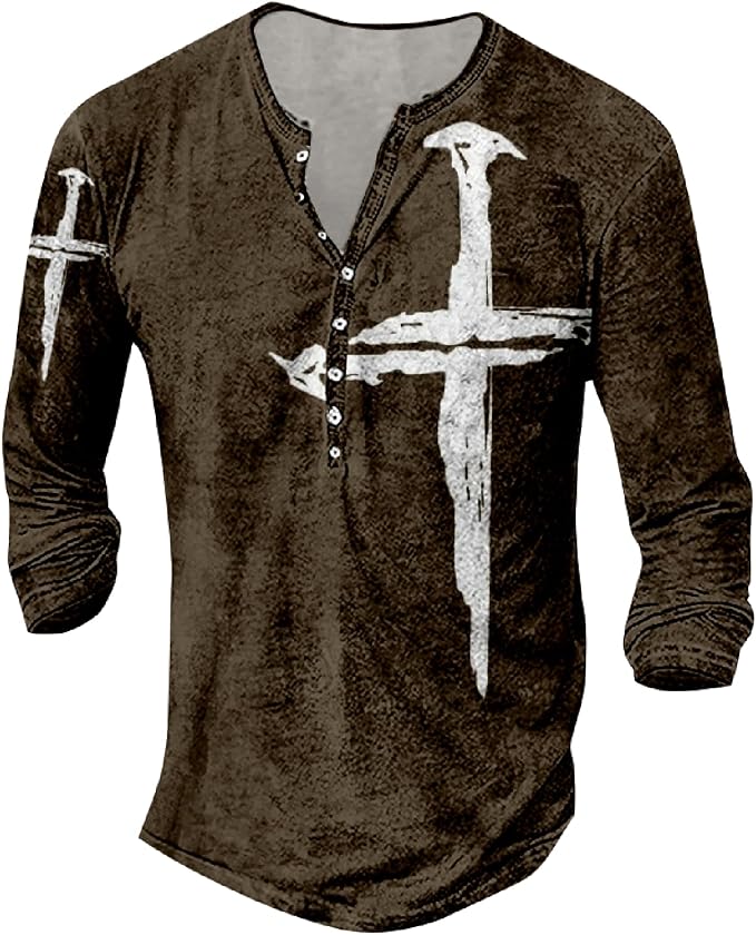 BIVENANT Men's Jesus Cross T-Shirts Big and Tall Faith T Shirts Summer Long Sleeve Button Henley Shirts for Men