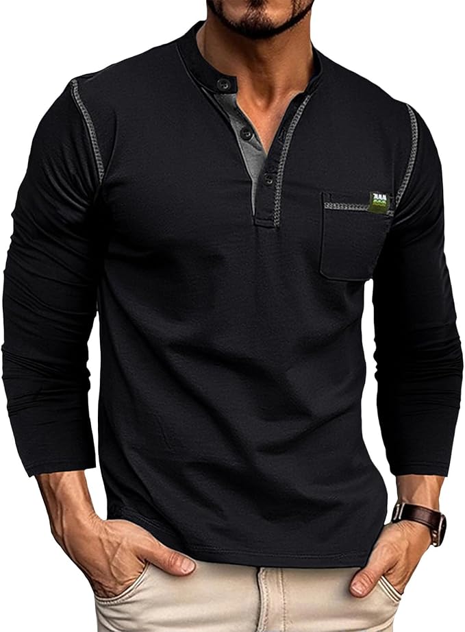 Men's Muscle Henley Shirt Long Sleeve Button Crewneck Lightweight Athletic Gym Workout Slim Fit Button Down Tee