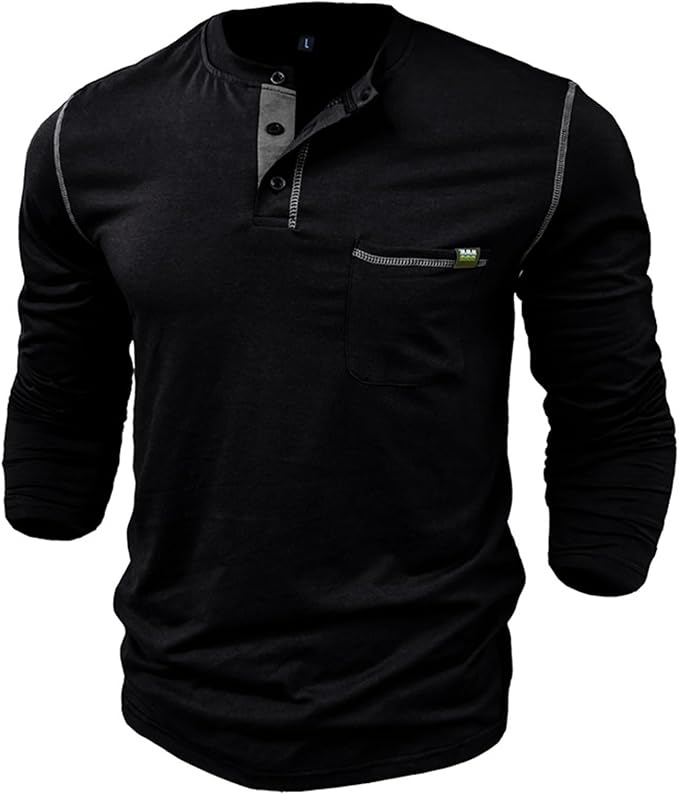Men's Muscle Henley Shirt Long Sleeve Button Crewneck Lightweight Athletic Gym Workout Slim Fit Button Down Tee photo 2