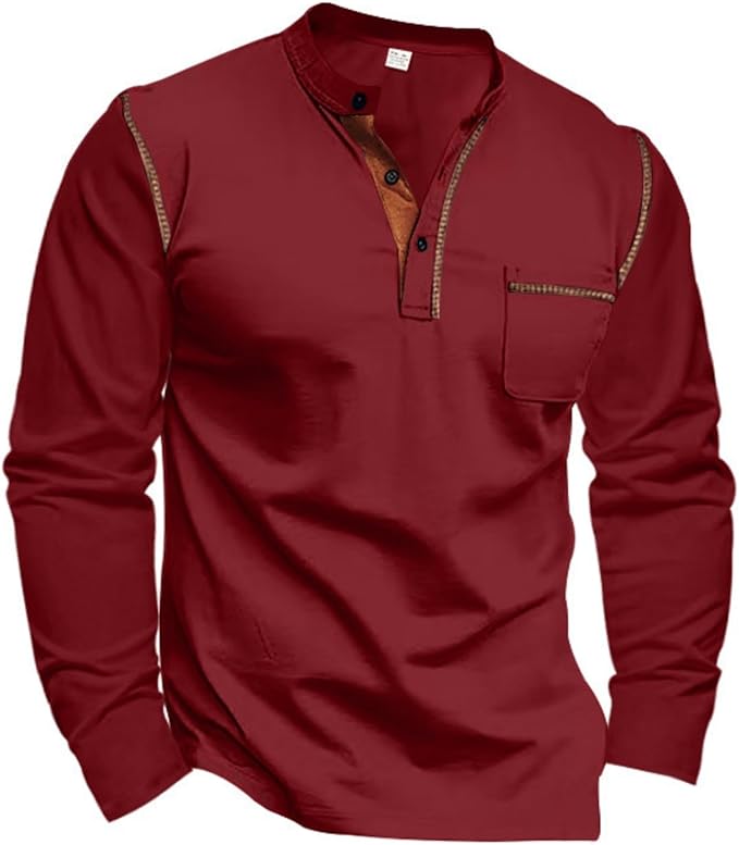 Summer Men Henley Shirts Casual Paneled Long-Sleeved Blouses Button Down Lapel Sports Top with Pockets photo 3