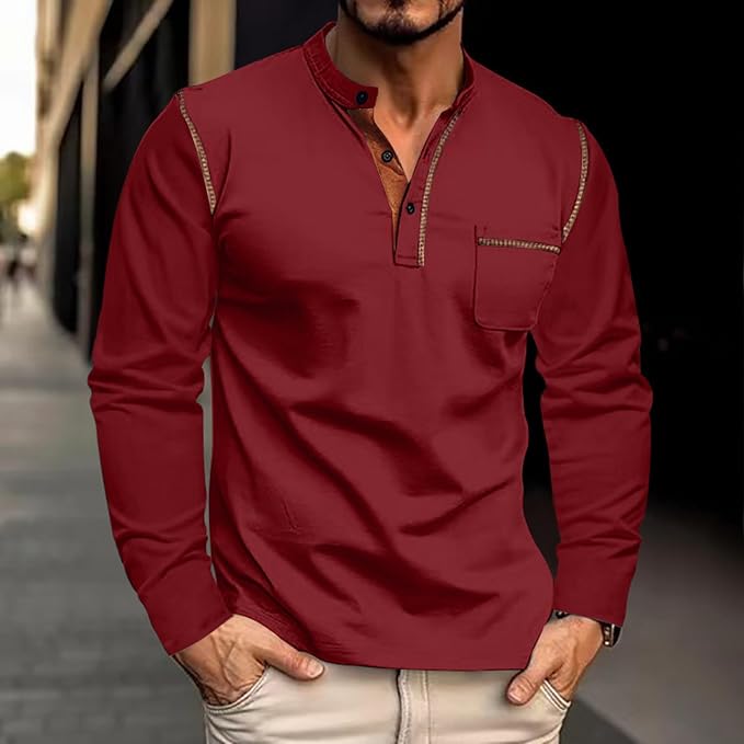 Summer Men Henley Shirts Casual Paneled Long-Sleeved Blouses Button Down Lapel Sports Top with Pockets photo 2