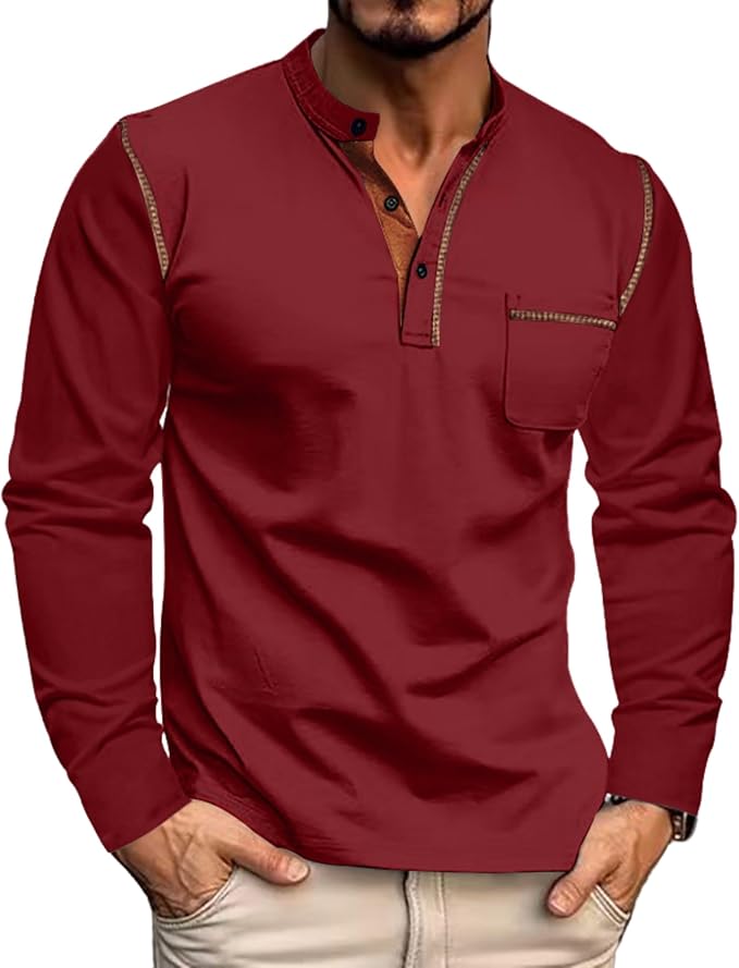 Summer Men Henley Shirts Casual Paneled Long-Sleeved Blouses Button Down Lapel Sports Top with Pockets