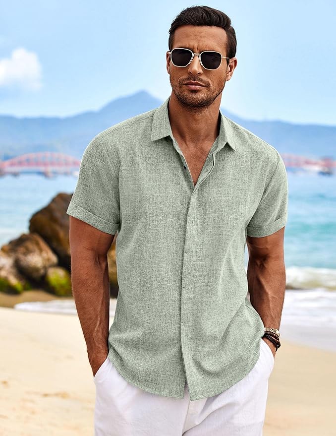 COOFANDY Men's Linen Shirts Short Sleeve Casual Shirts Button Down Shirt for Men Beach Summer Wedding Shirt photo 2