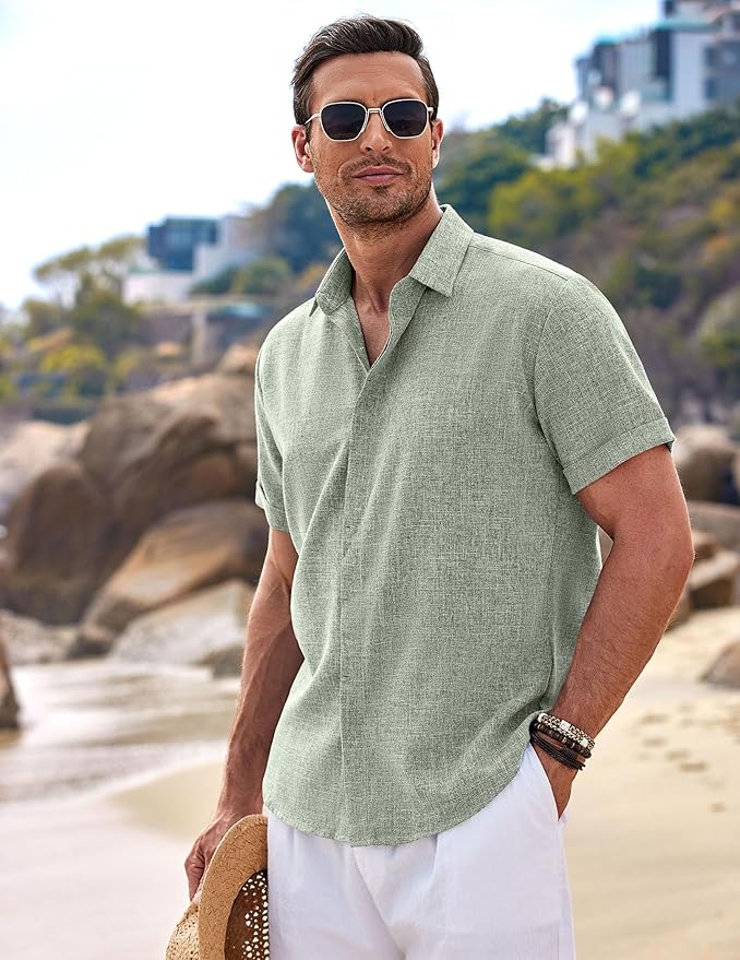 COOFANDY Men's Linen Shirts Short Sleeve Casual Shirts Button Down Shirt for Men Beach Summer Wedding Shirt photo 3