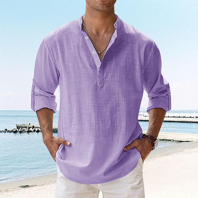 Retro Shirt for Men Collar Linen Vintage Hippie Button Henley Workout Fashion Long Sleeve Summer Casual Blouses photo 2