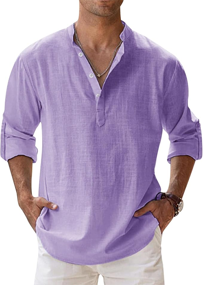 Retro Shirt for Men Collar Linen Vintage Hippie Button Henley Workout Fashion Long Sleeve Summer Casual Blouses