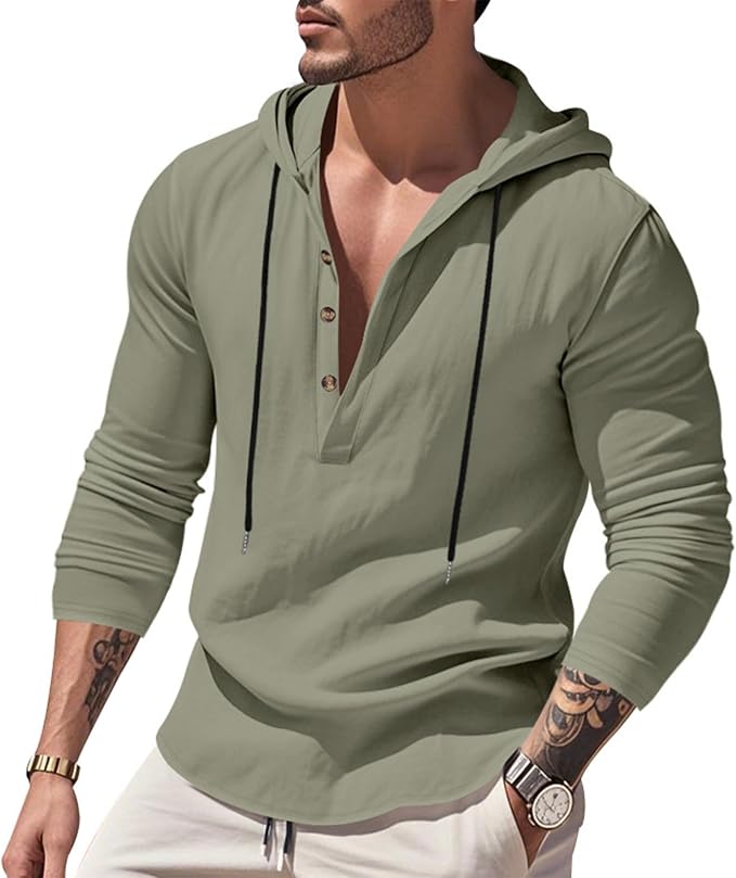 Hoodie Shirts for Men Button Up Drawstring Plus Size Casual Hippie Business Pullover Summer Workout Beach Tops photo 3