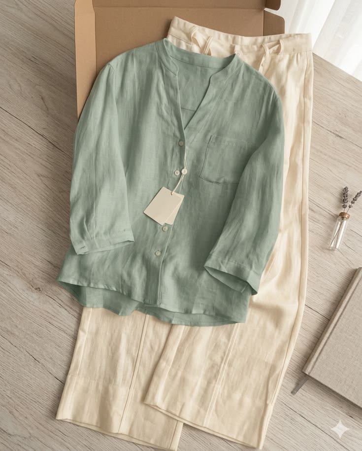 Women's Mint Green Linen Blend Co-Ord Set with Straight Pants, Women's Casual Linen Blend Co-ord Set.