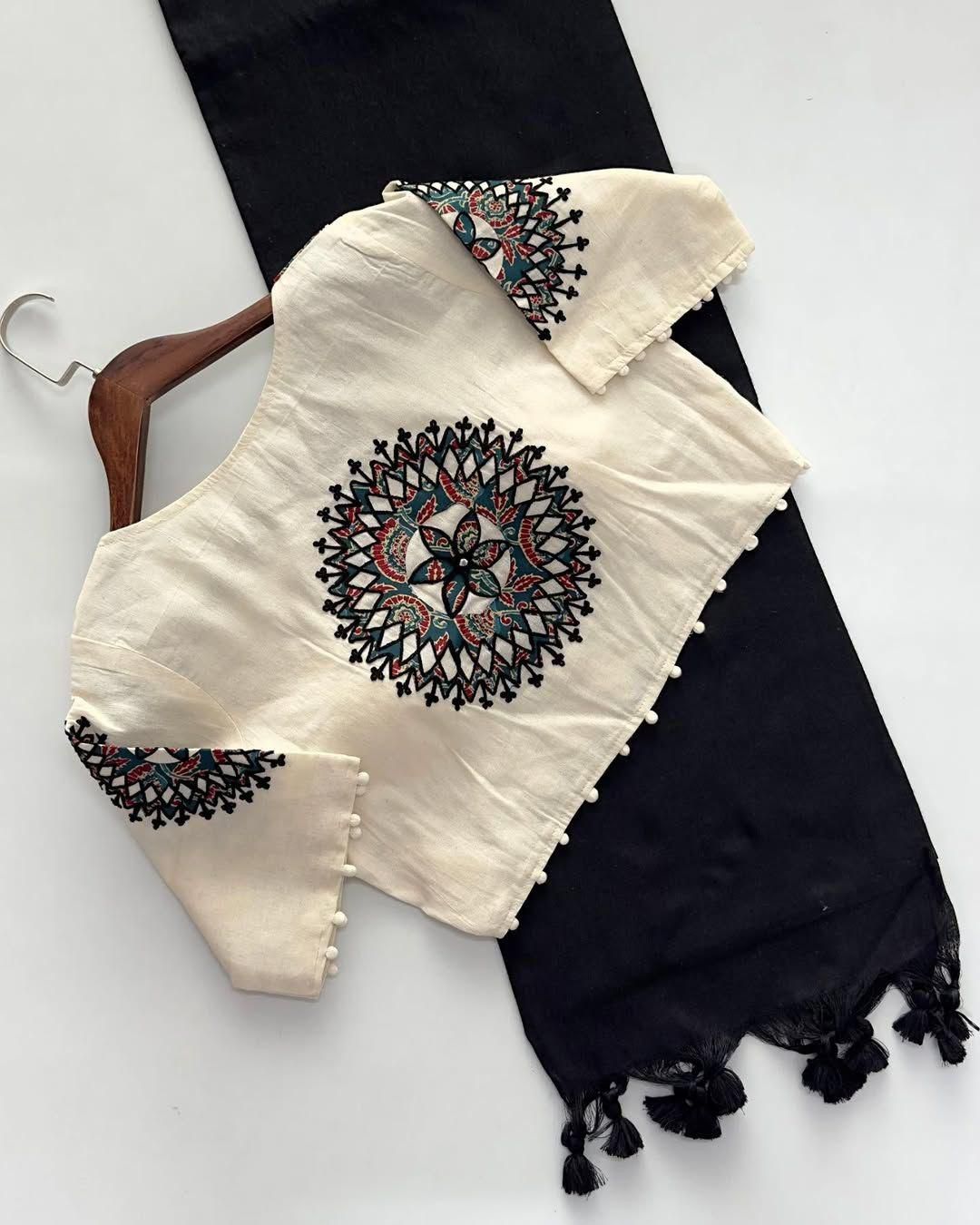 Women's Ethnic Printed Cotton Kurta with Tassel Dupatta Set – Off White & Black | Women's Premium Ethnic Printed Kurta Set with Tassel Dupatta