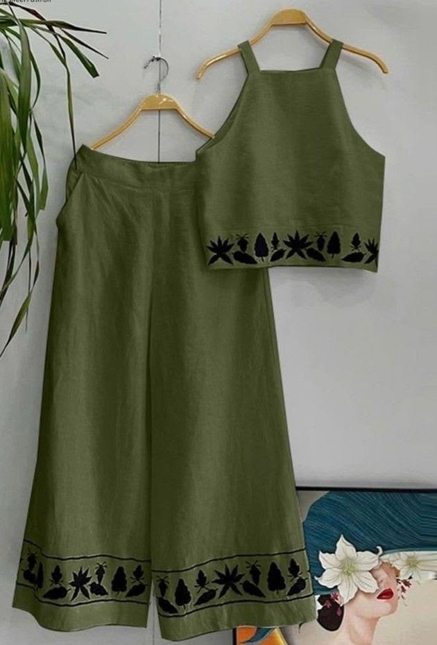 Women's Olive Green Cotton Co-Ord Set – Embroidered Crop Top & Wide Leg Palazzo | Women's Premium Olive Green Embroidered Co-Ord Set