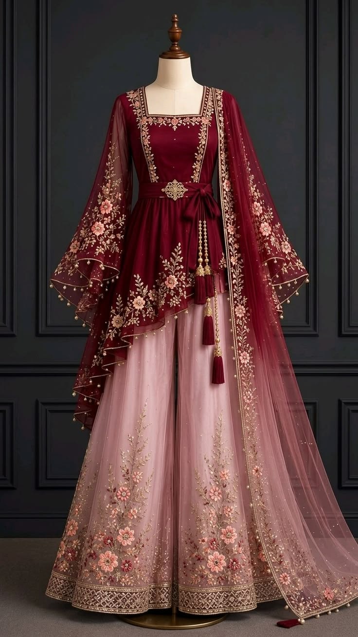 Luxury Bridal Lehenga Style Dress Sewing Pattern with Floral Embroidery | Women's Maroon Embroidered Kurta Palazzo Set with Net Dupatta – Festive & Party Wear