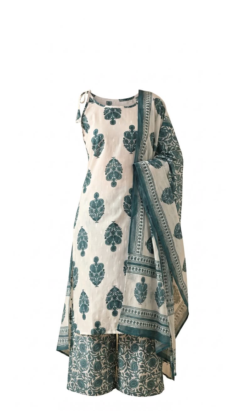 Women's Off White Printed Kurta Palazzo Set with Dupatta – Ethnic Cotton Blend Suit Set | Women's Premium Printed Kurta Palazzo Set with Dupatta.