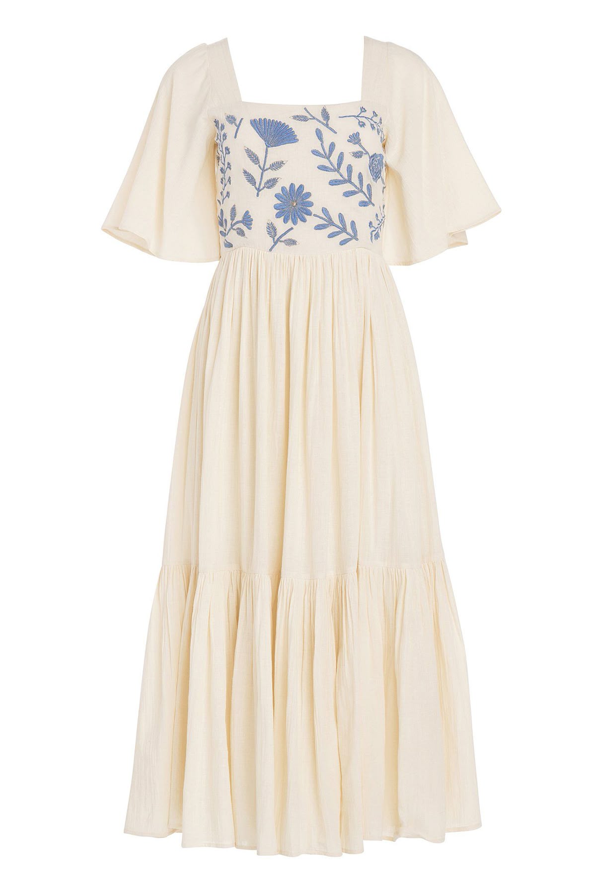 Carolina K – AW25 Collection: For Diana | Women's Cream Floral Embroidered Cotton Maxi Dress – Square Neck Flared Dress