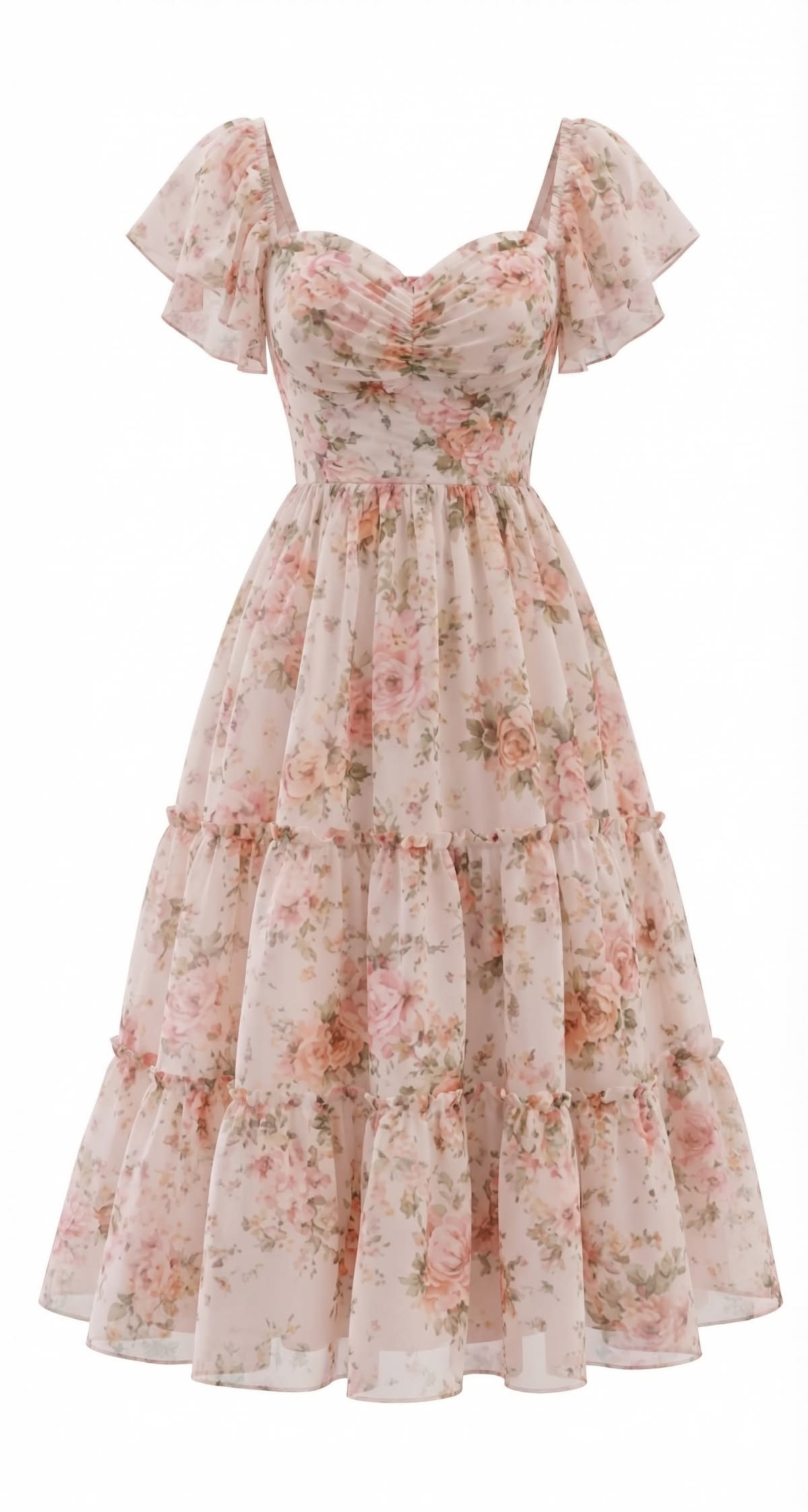 Floral Knee-Length Dresses for Spring Bliss | Women's Blush Pink Floral Chiffon Midi Dress – Sweetheart Neck Tiered Party Dress