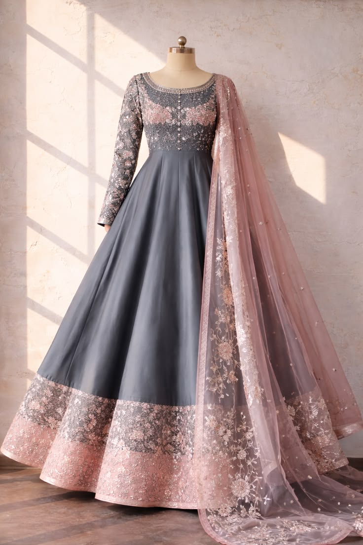 Gray & Pink Anarkali Dress for Women | Custom Made Ethnic Wear | Women's Grey Embroidered Anarkali Gown with Net Dupatta – Designer Party Wear Suit