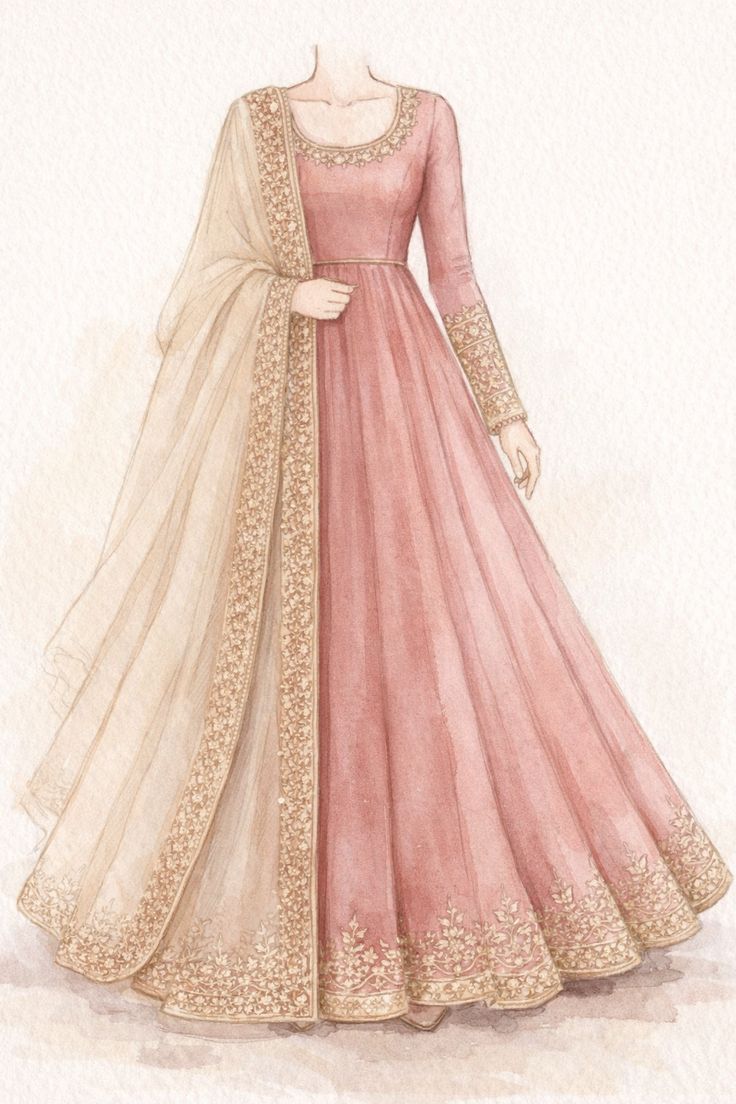 Pink anarkali with beige duppata | Women's Blush Pink Embroidered Anarkali Gown with Net Dupatta – Designer Ethnic Party Wear