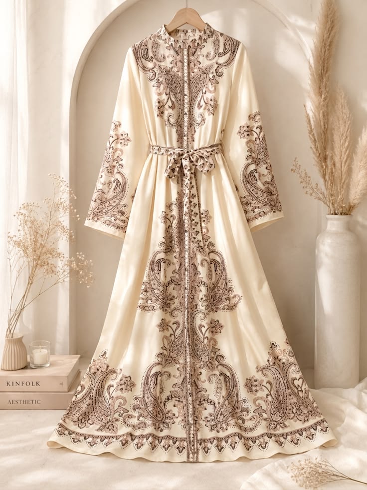 Dreamy Cream Paisley Maxi Dress | Women's Ivory Embroidered Maxi Dress with Waist Belt – Premium Ethnic Fusion Gown