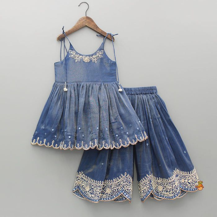 Little Muffet: Shop Online For Kids Indian Ethnic Wear & Party Dresses | Girls' Blue Embroidered Kurti & Palazzo Set – Ethnic Party Wear (2-Piece Set)