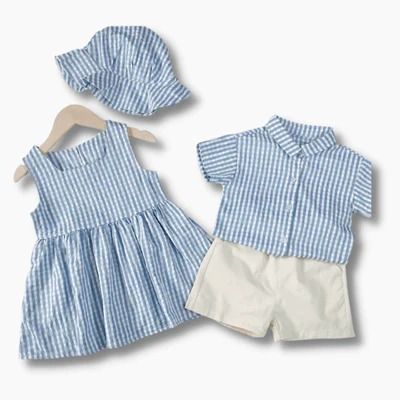 Kids Sibling Matching Outfit Set – Blue Gingham Dress & Shirt Shorts Set | Premium Kids Sibling Matching Outfit Set