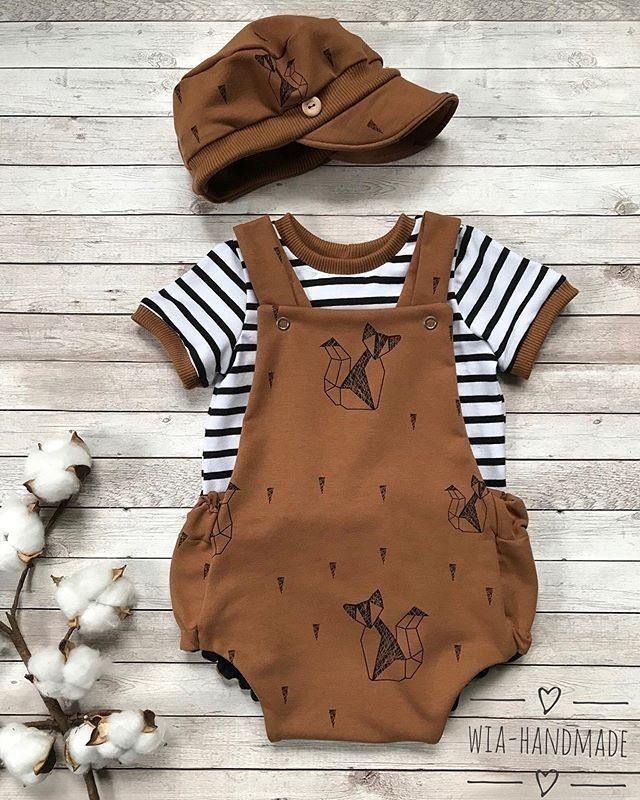 Baby Boy Fox Print Dungaree Romper Set with Striped T-Shirt & Cap – 3 Piece Outfit