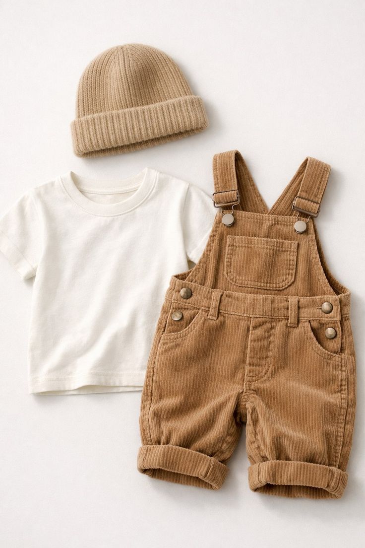 Baby Corduroy Dungaree Shorts Set with T-Shirt & Beanie – 3 Piece Outfit | Premium Baby Corduroy Dungaree 3-Piece Clothing Set