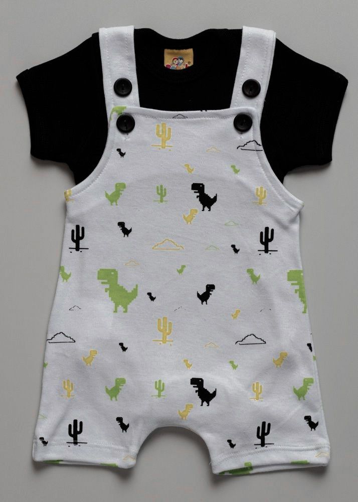 Baby Dinosaur Print Dungaree Romper Set with T-Shirt – 2 Piece Cotton Outfit | Premium Baby Dinosaur Print Dungaree Romper Set