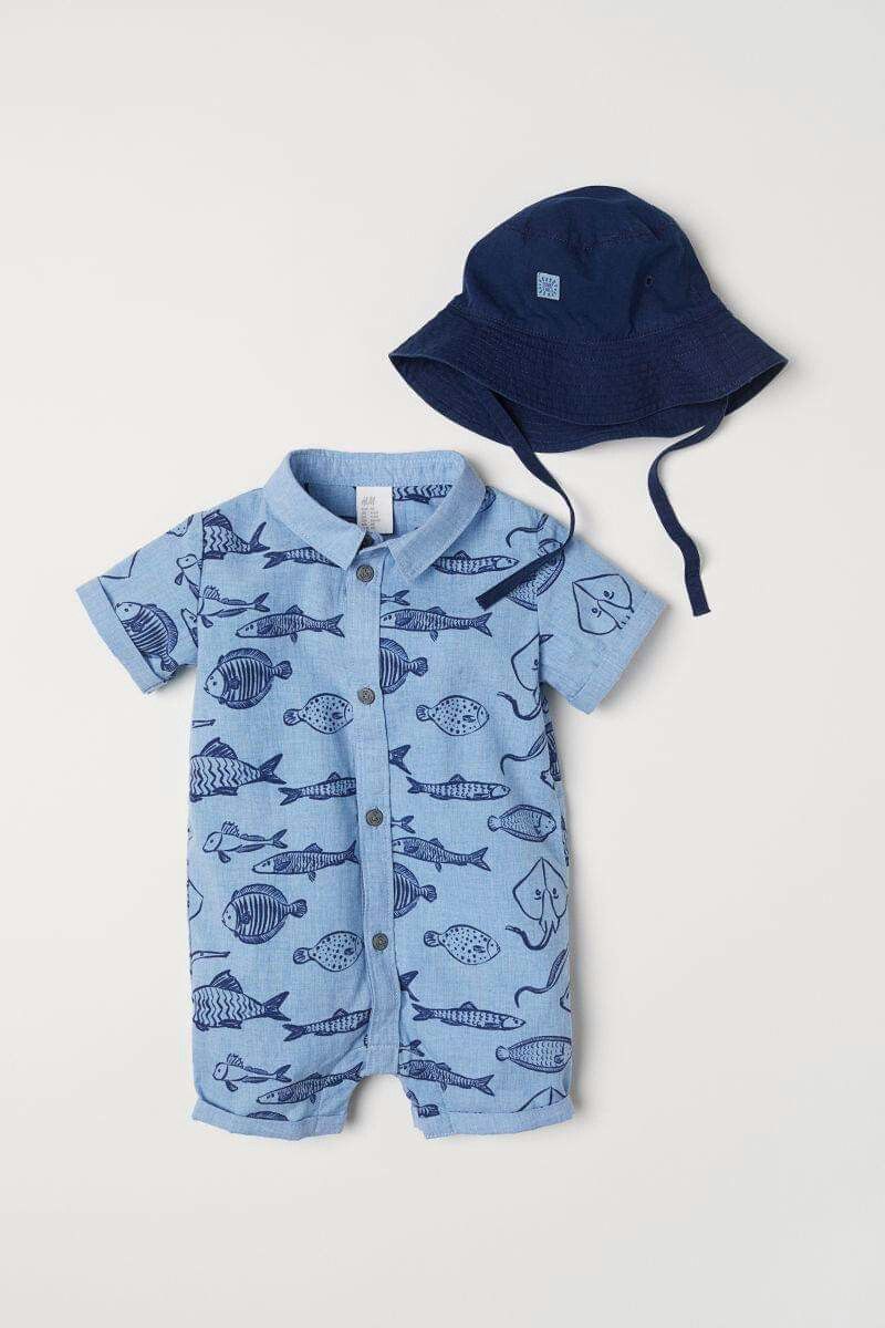 Baby Ocean Print Romper with Sun Hat – 2 Piece Summer Cotton Outfit | Premium Baby Ocean Print Cotton Romper Set
