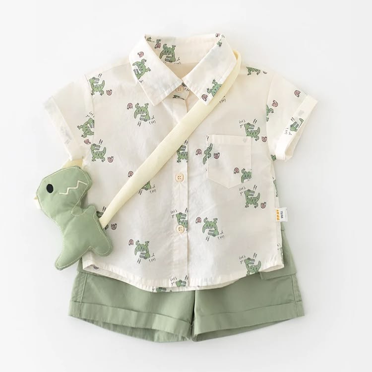 Baby Dinosaur Print Shirt & Shorts Set with Crossbody Dino Pouch – 3 Piece Outfit | Premium Baby Dinosaur Print Shirt & Shorts Set