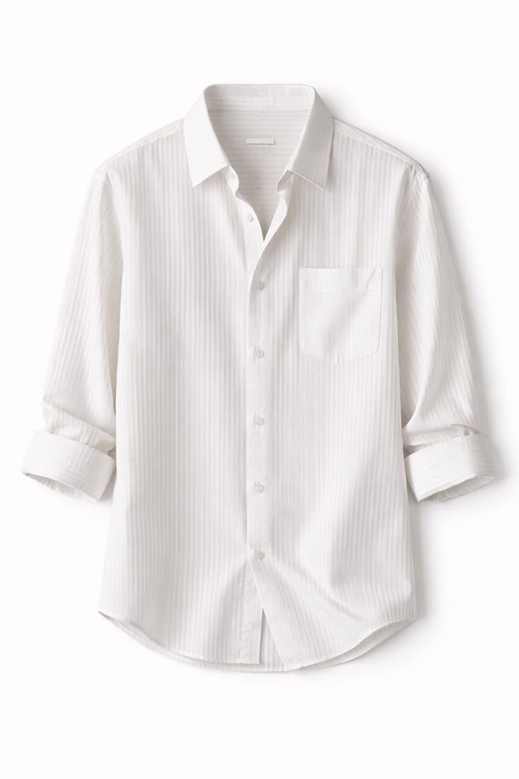 Men's Premium White Striped Formal Shirt – Full Sleeve Cotton Blend Office Wear | Premium Cotton Blend Fabric | Elegant White Vertical Stripe Pattern
