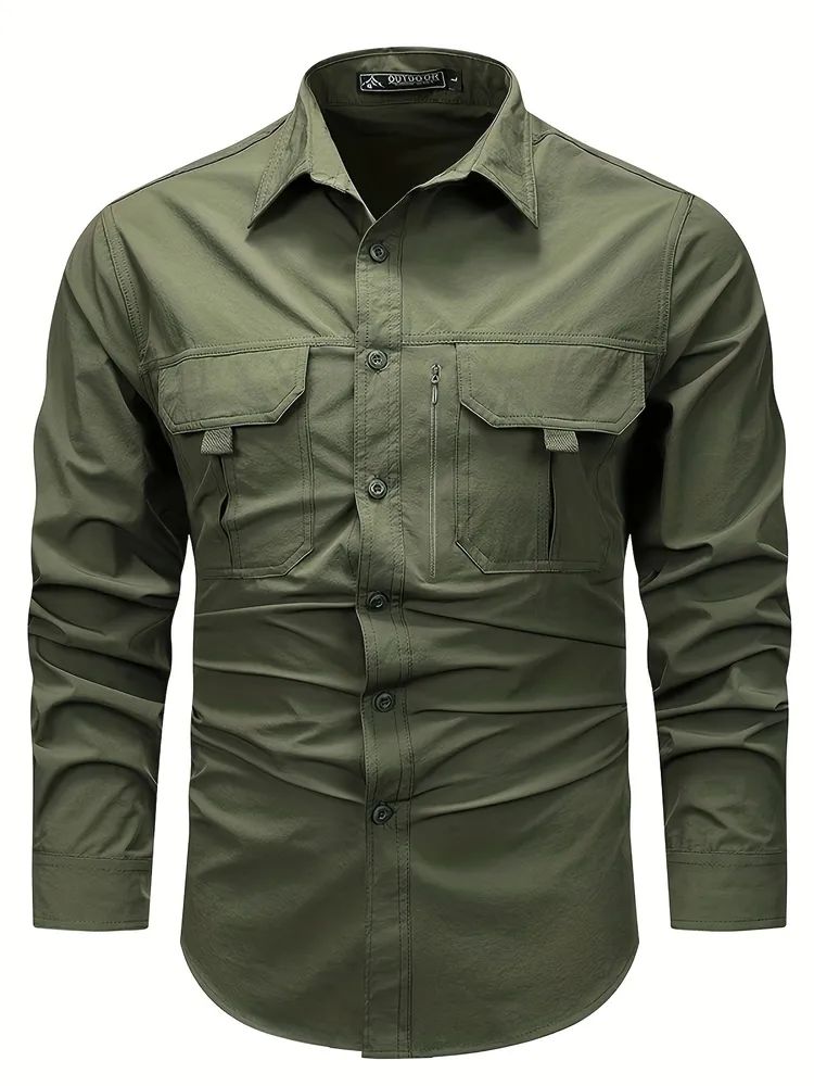 Men's Olive Green Tactical Utility Shirt – Full Sleeve Outdoor Cargo Shirt | Men's Premium Tactical Utility Full Sleeve Shirt | Classic Spread Collar