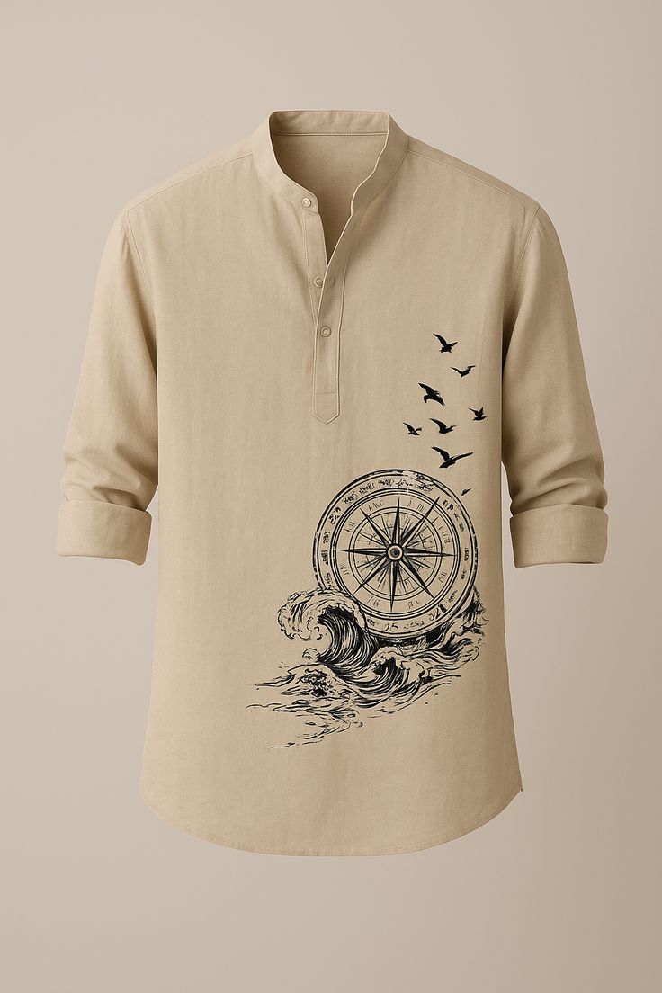 Men's Beige Printed Mandarin Collar Kurta Shirt – Premium Cotton Blend Casual Wear