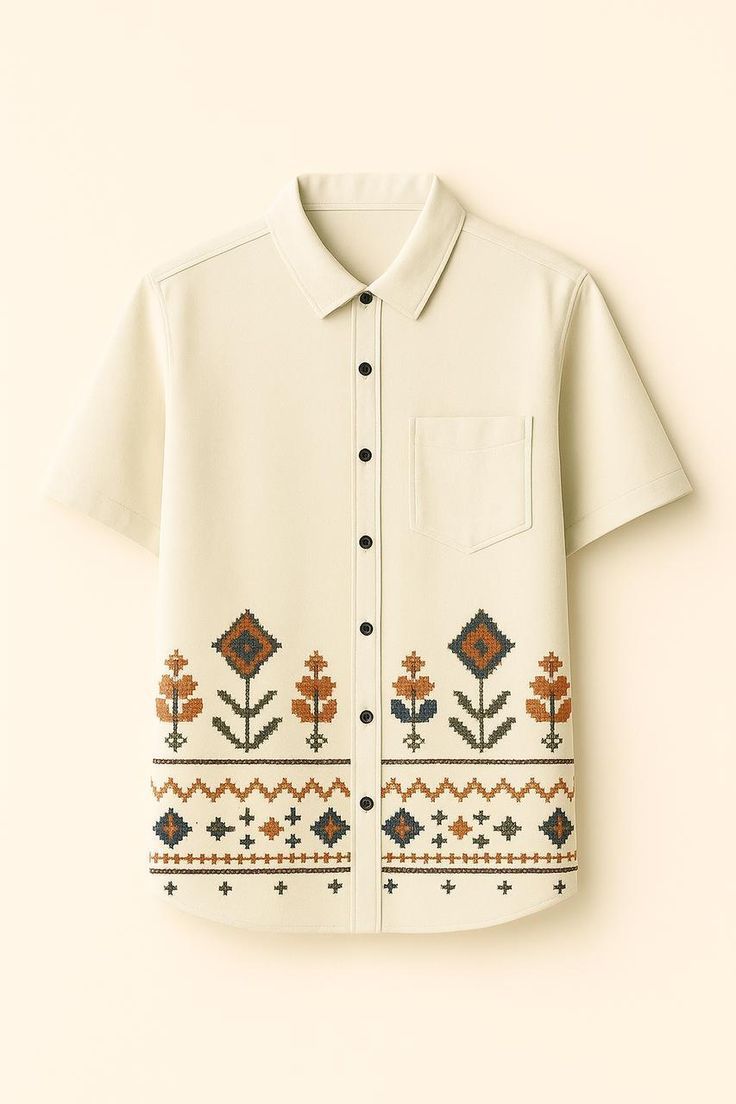 Men's Premium Ethnic Embroidered Casual Shirt – Half Sleeve Cotton Blend Shirt | Traditional Floral & Geometric Embroidery | Functional Chest Pocket