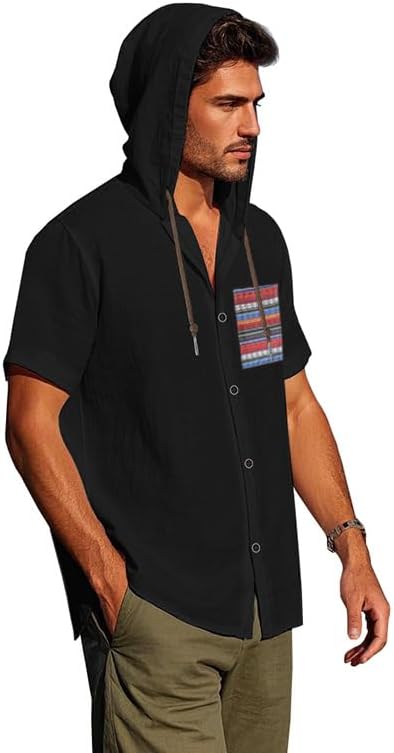 Men's Hooded Shirts Linen Short Sleeve Vintage Button Down T-Shirts Casual Trendy V Neck Loose Fit Summer Beach Tops photo 2