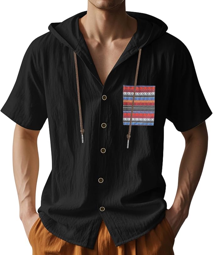Men's Hooded Shirts Linen Short Sleeve Vintage Button Down T-Shirts Casual Trendy V Neck Loose Fit Summer Beach Tops