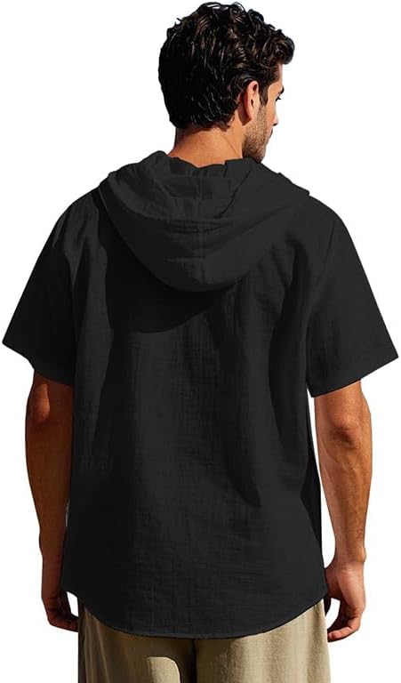 Men's Hooded Shirts Linen Short Sleeve Vintage Button Down T-Shirts Casual Trendy V Neck Loose Fit Summer Beach Tops photo 3