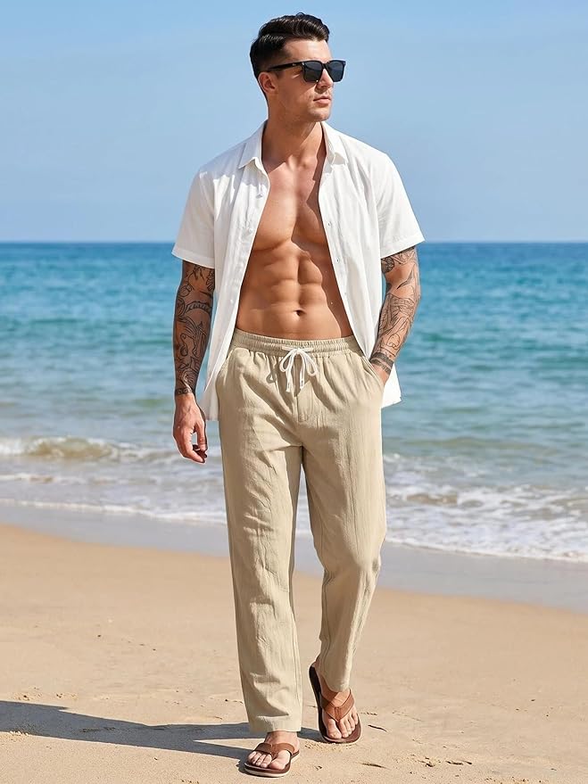 Mens Linen Pants Casual Summer Beach Pants Elastic Waist Drawstring Lightweight Vacation Trousers with Pockets photo 2